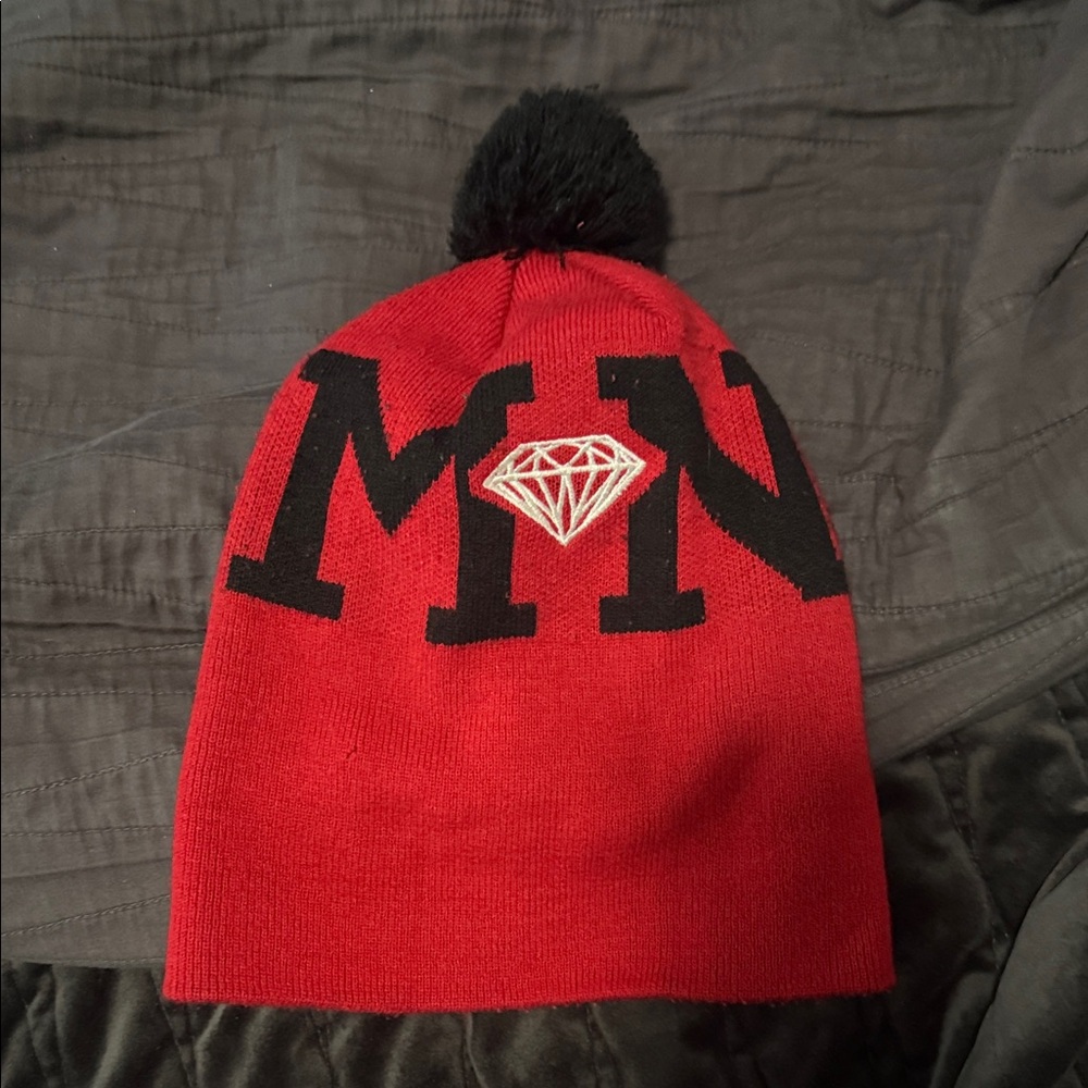 Diamond Supply Red Knit Beanie with Black Pom Pom